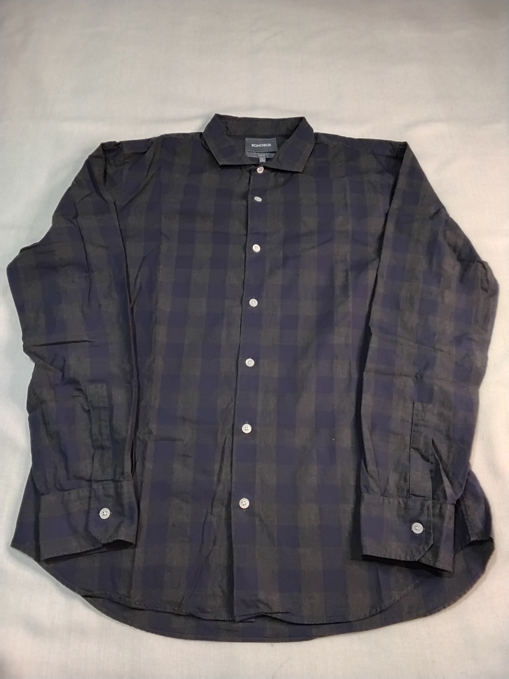 Bonobos Slim Fit Men's Dark Navy and Gray Plaid Button-Down Shirt Sz L.